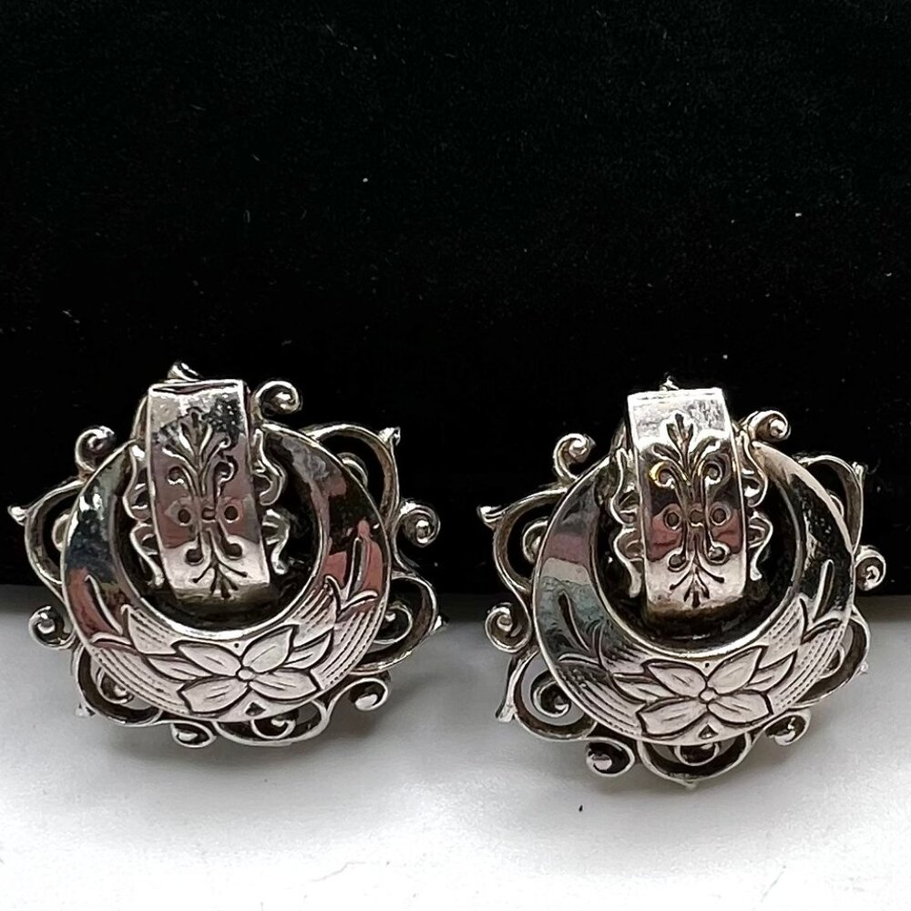 Karu 1940's Silver Filigree Door Knocker CLIP Earrings
